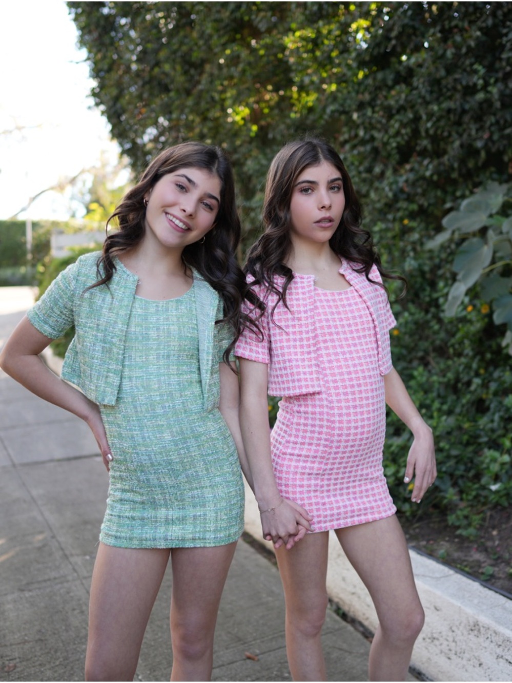 Pink Houndstooth Tweed Mini Skirt and Cropped Jacket Set